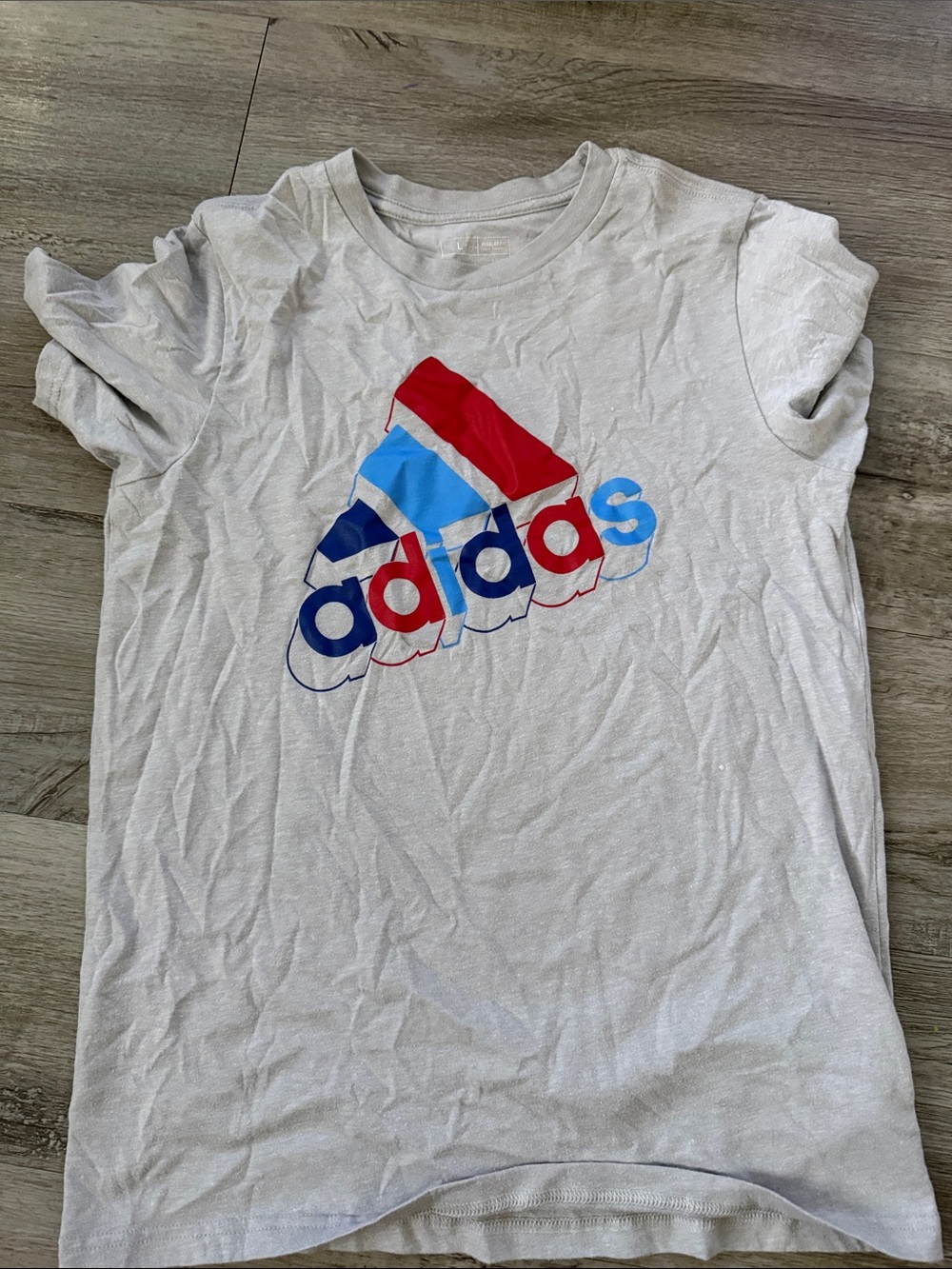 adidas White Tee with Red, Blue & Light Blue Logo
